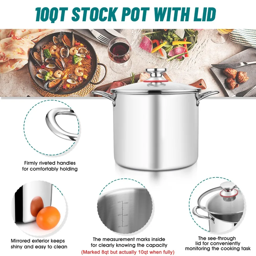 2024 New 10 Quart Stainless Steel Stock Pot, Soup Cooking Pot with Glass Lid