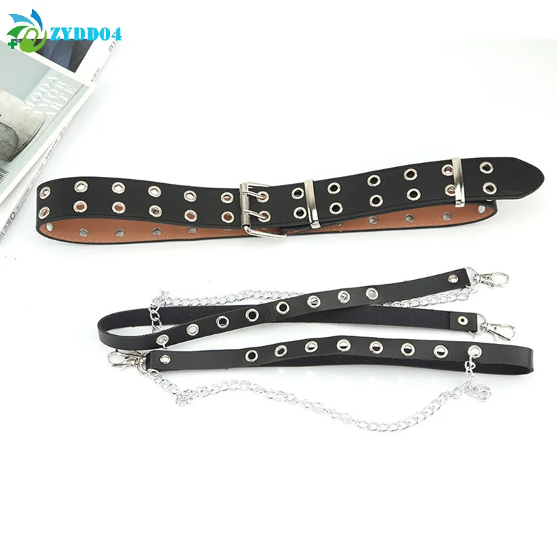 ●1PCS Black Punk Gothic Faux Leather Belt Women Adjustable Metal Chain Ring Waist Belt
