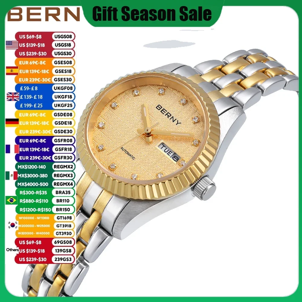 BERNY-reloj mecánico de lujo para mujer, pulsera con bobinado automático, cristal de zafiro dorado, resistente al agua, para negocios