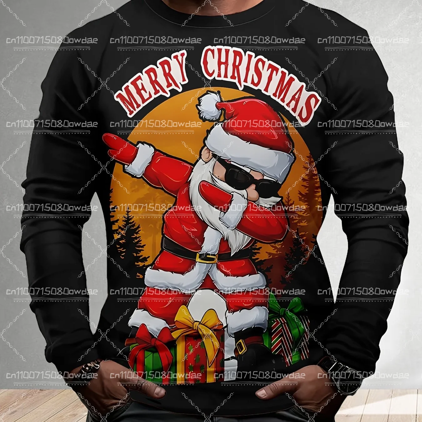 남성용 산타클로스 라운드 넥 패턴 긴 소매 셔츠는 남성용 휴일 복장을 위한 캐주얼 프린트 풀오버 디자인을 갖추고 있습니다.