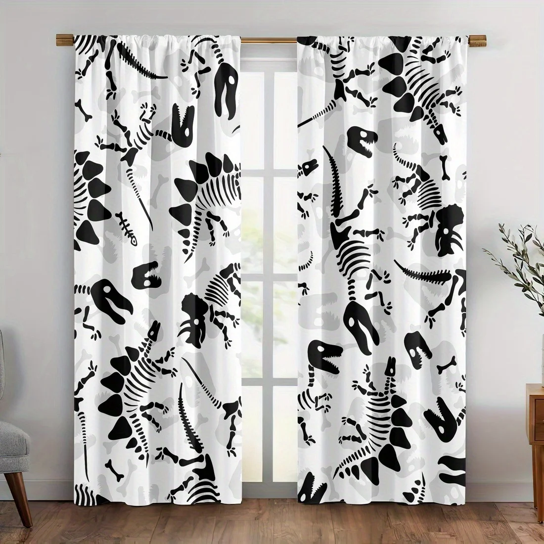 

2pc Cartoon dinosaur print curtains - made of polyester, machine washable, rod bag style, suitable for bedrooms and living rooms