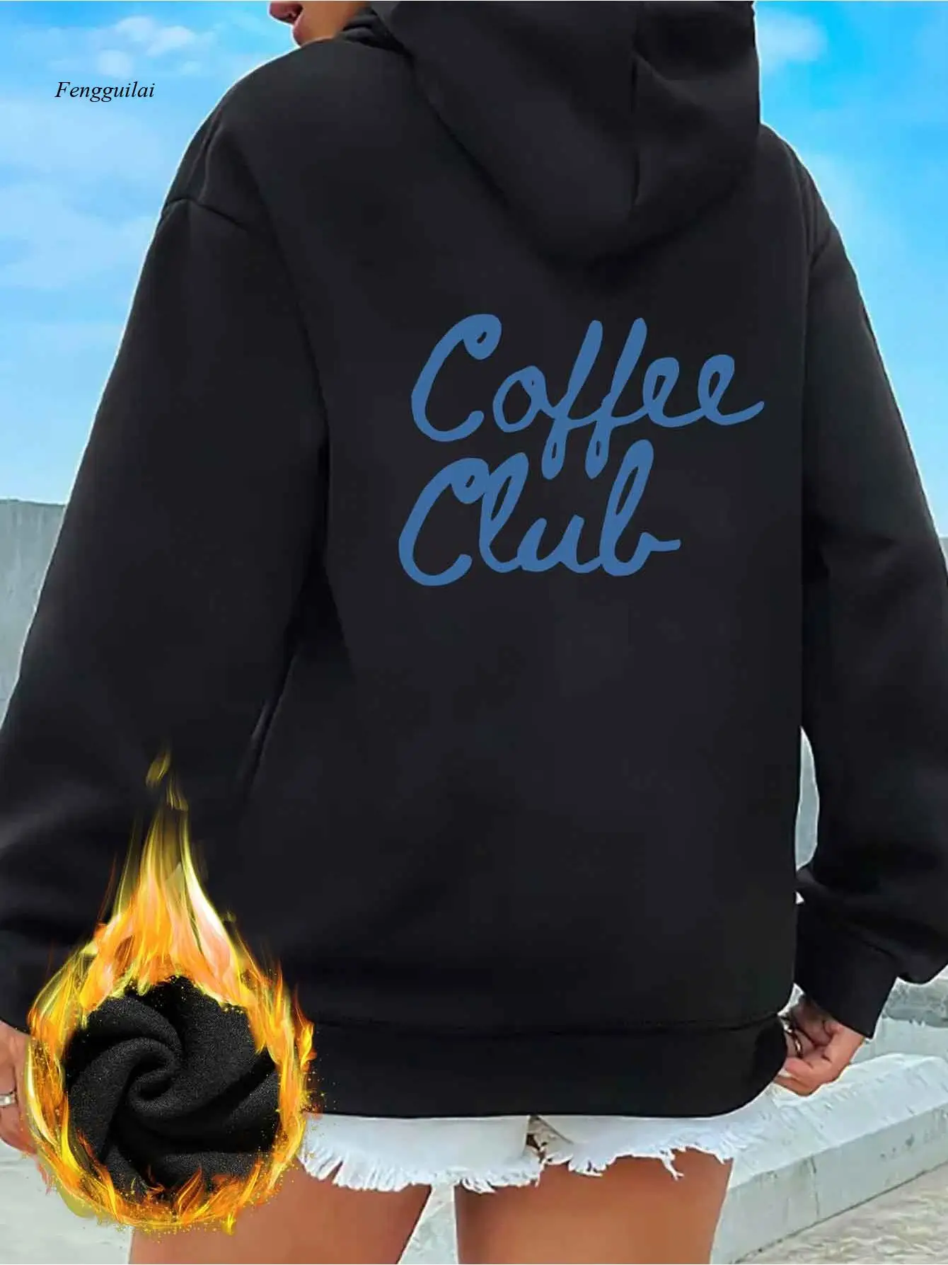 Elegantes Sweatshirt mit Aufdruck „COFFEE CLUB“. |   Stilvoller Langarm-Pullover-Hoodie, Weihnachts- und Winterbekleidung