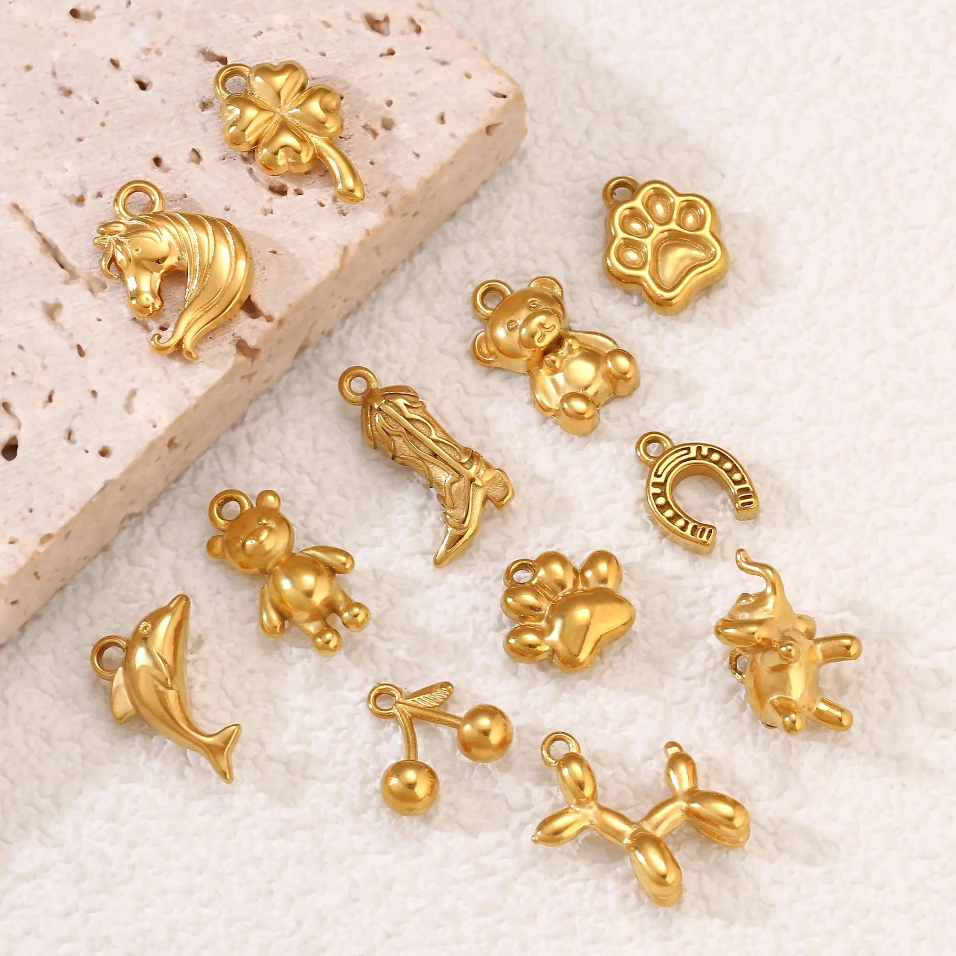 3 pièces/lot mignon petit chien chat patte/cerise douce/breloques animaux en acier inoxydable petit pendentif 3D collier à faire soi-même boucle d'oreille fabrication de bijoux