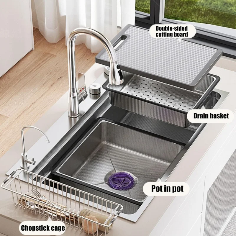 

(TTO)Серебряная кухонная мойка с тиснением под пшоно, одна чаша, умывальник из нержавеющей стали, чашка, шайба, смеситель (80*48 см) LQ