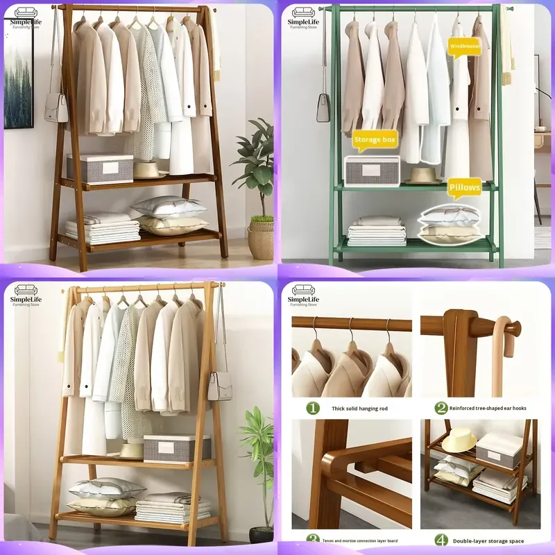Bamboo Folding Coat Rack Floor Standing Clothes Hanger Thickened Hat Storage Organizer for Bedroom Living Room Balcony Drying