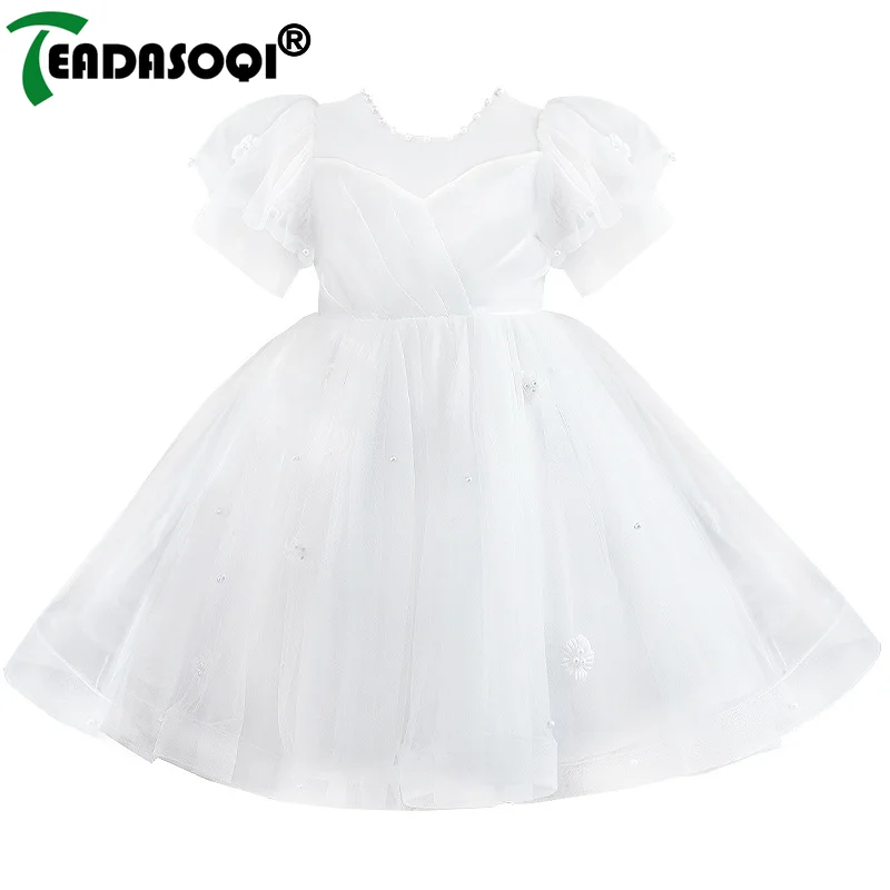 3-10Y Children's Dress For Girls Summer Puff Short Lace Sleeve Emboridery With Beads Formal Wedding Ball Gown Princess Dresses