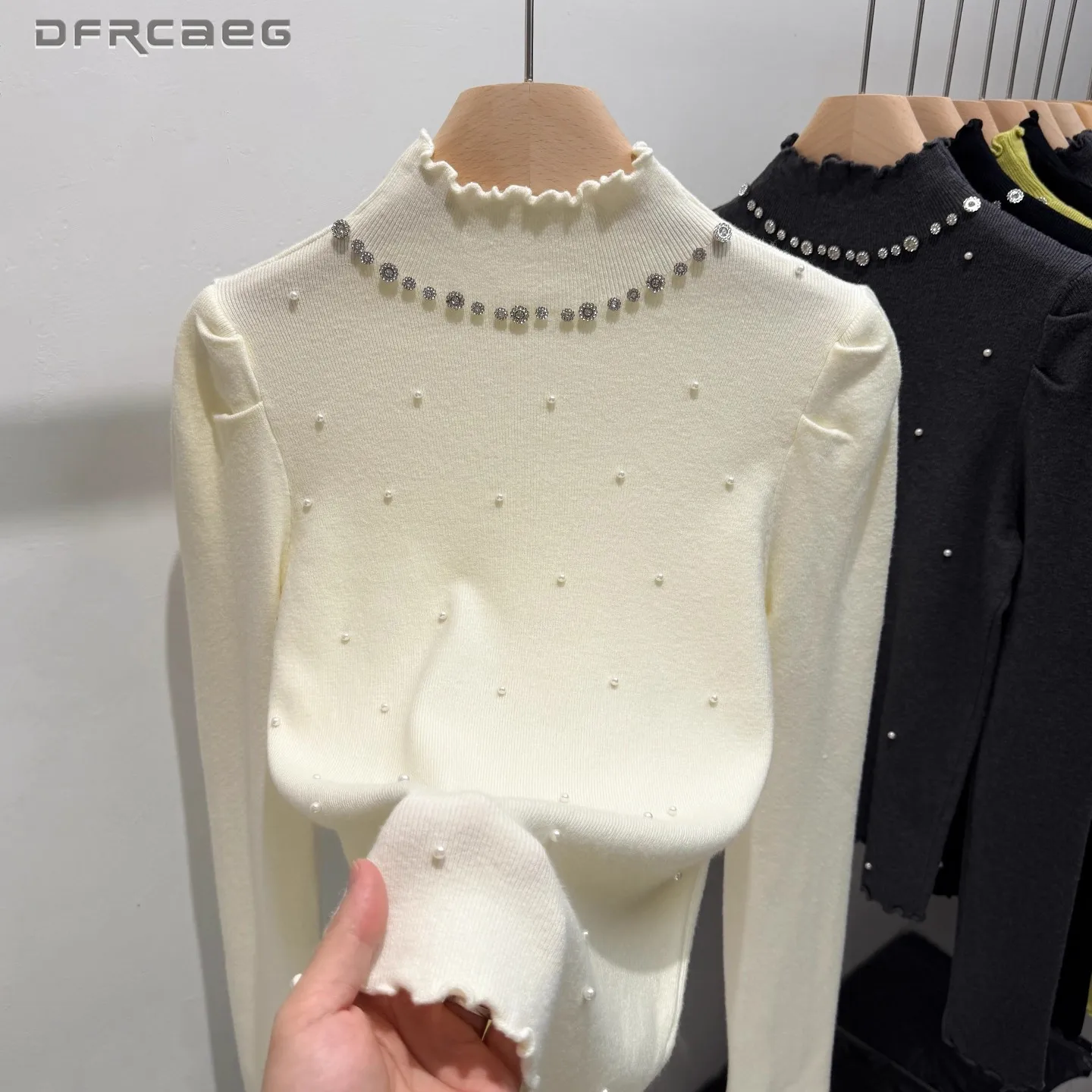 

French Style High Elastic Bottoming Sweater Clothes With Beading Long Sleeved Slim Pullover Knit Top Woman
