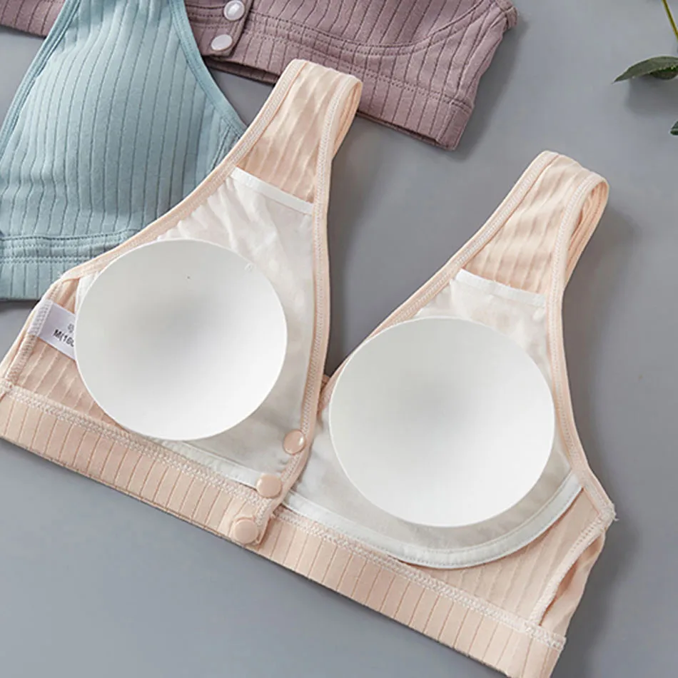 Pregnant Women Cotton Vest Style Non Steel Ring Front Open Button Solid Color Feeding Bra Women Breastfeeding Bra