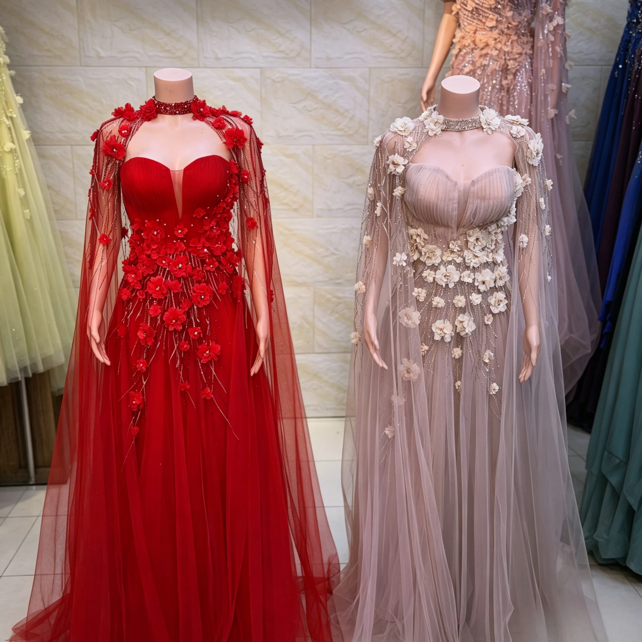 Customized Romantic Bright Red Tulle Evening Maxi Gown Featuring Rhinestone Encrusted Choker Collar Strapless Sweetheart