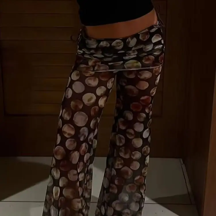 

Rave Outfit для женщин, сетчатые прозрачные расклешенные брюки Y2k, расклешенная талия, прозрачная праздничная танцевальная клубная одежда