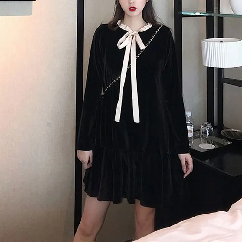 2025 Autumn Winter Vintage Velvet Dresses French Style Spliced Women\'s Clothing Fashion Drawstring Basic A-Line Loose Midi Dress