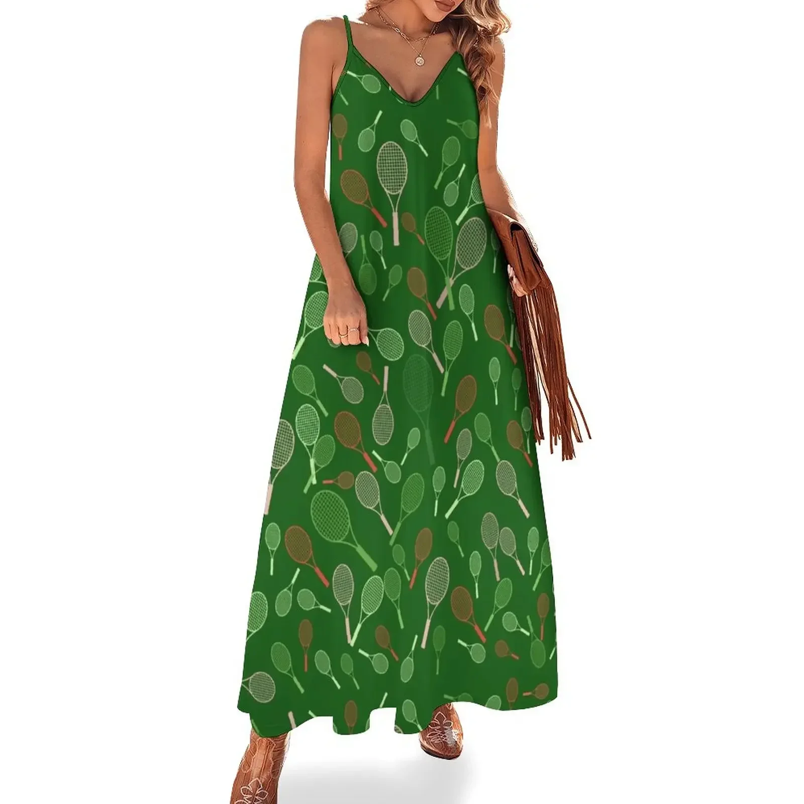 

Tennis Rackets Print on a Green Background Sleeveless Dress Cocktail of dresses summer dress for women 2024 luxury dresses Dress