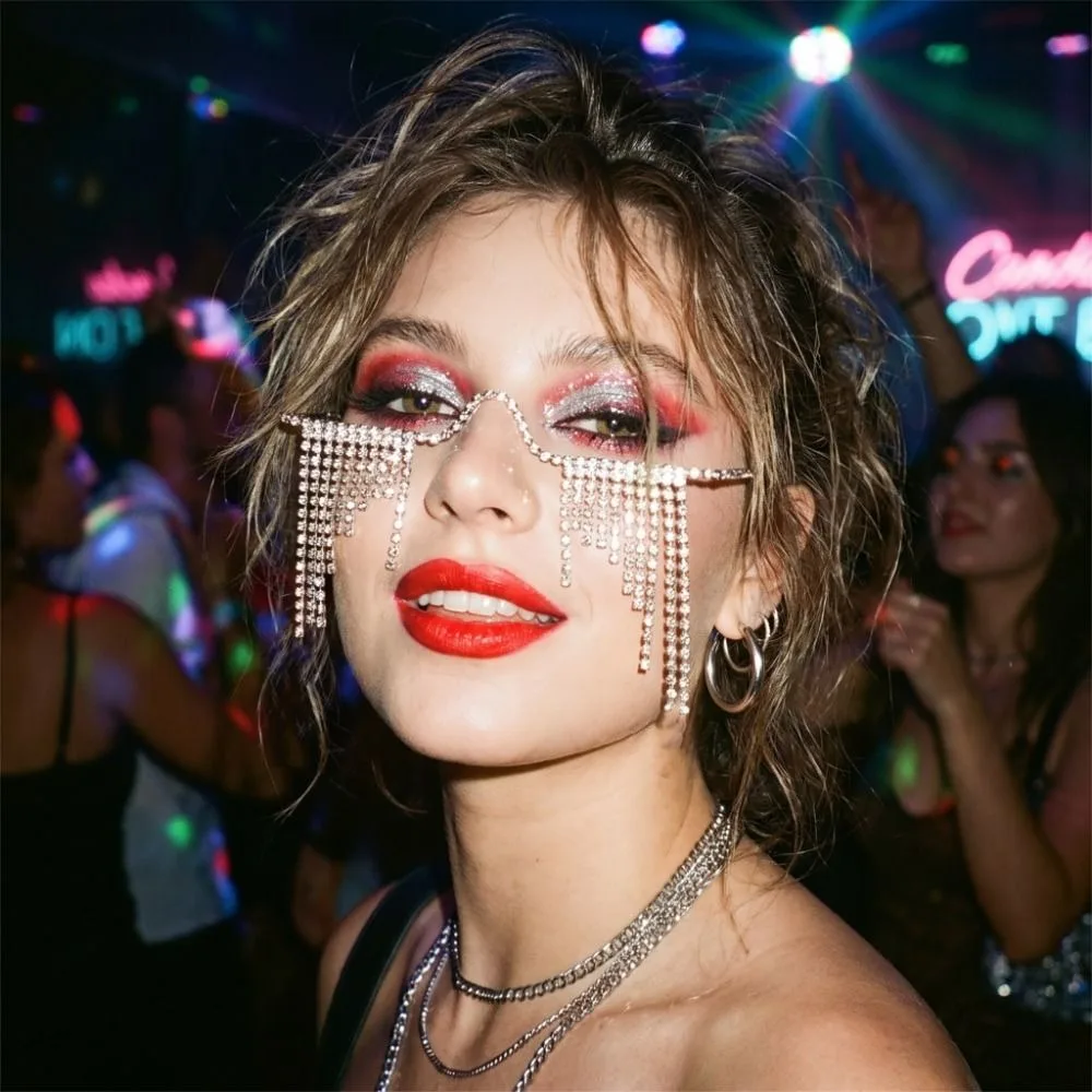 Foldable Tassel Rhinestone Eyeglass Frame Zircon Crystal Metal Glasses Frames Blingbling Sparkly Half Frame Glasses Chain Gifts