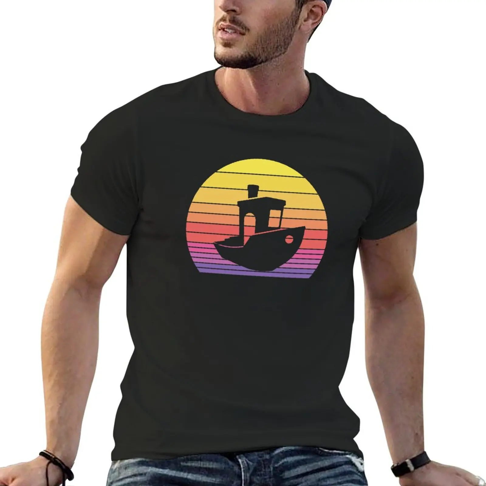 Distressed Vintage 3D printer benchy sunset for the maker quote T-Shirt graphic tee shirt t shirt men 100℅ cotton