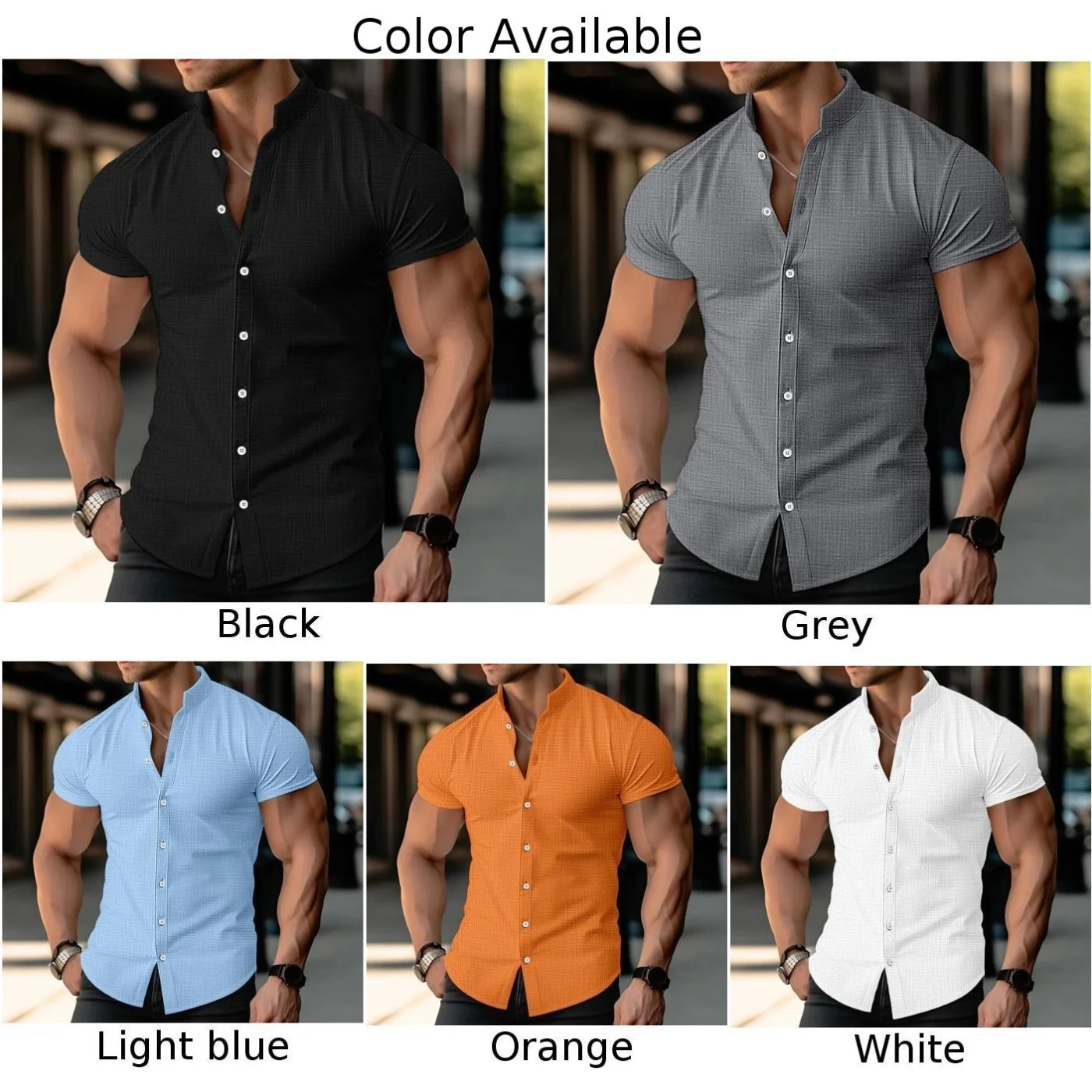 Camisa con cuello de banda para hombre, blusa con botones, informal, cómoda, Fitness, muscular, de poliéster, Regular, 1 unidad