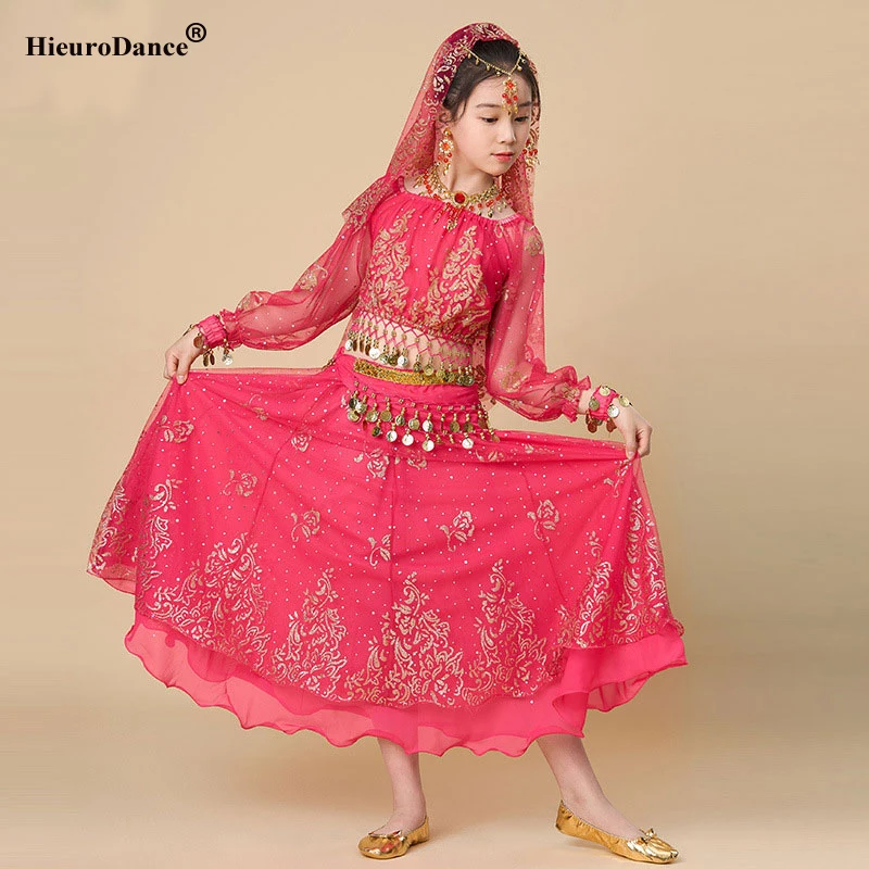 Costume de danse du ventre indien en mousseline de soie pour enfants, ensemble de 4 pièces pour spectacle d'halloween, tenues en tissu de danse pour enfants