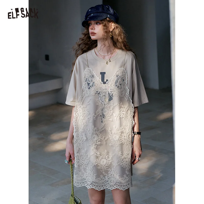 

ELFSACK Cute Lace Overlay T-Shirt Dress for Women, Casual Two-Piece Style Tee Dress, Kawaii Loose Summer Midi Dress