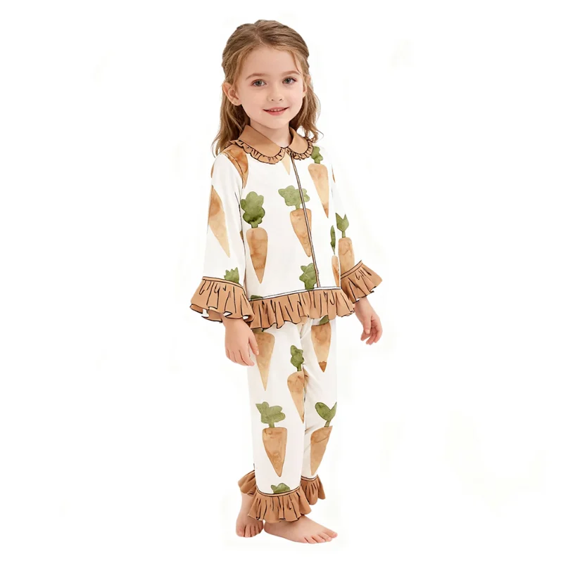 

Easter new children's bunny pajama set two-piece set radish print ruffle design milk silk fabric wholesale