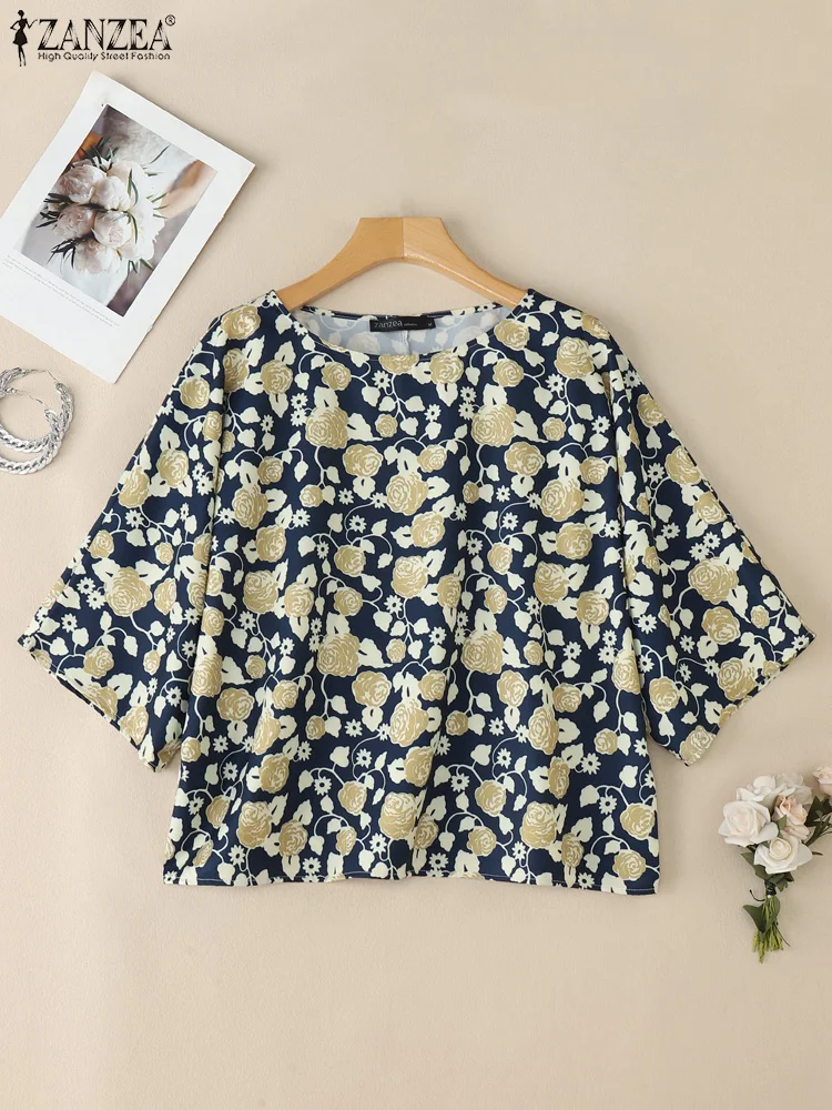 ZANZEA Mulheres Casual Moda Floral Impresso Blusas Verão O-pescoço Manga 3/4 Solta Blusas Mujer Dia Desgaste Leve Túnica Tops