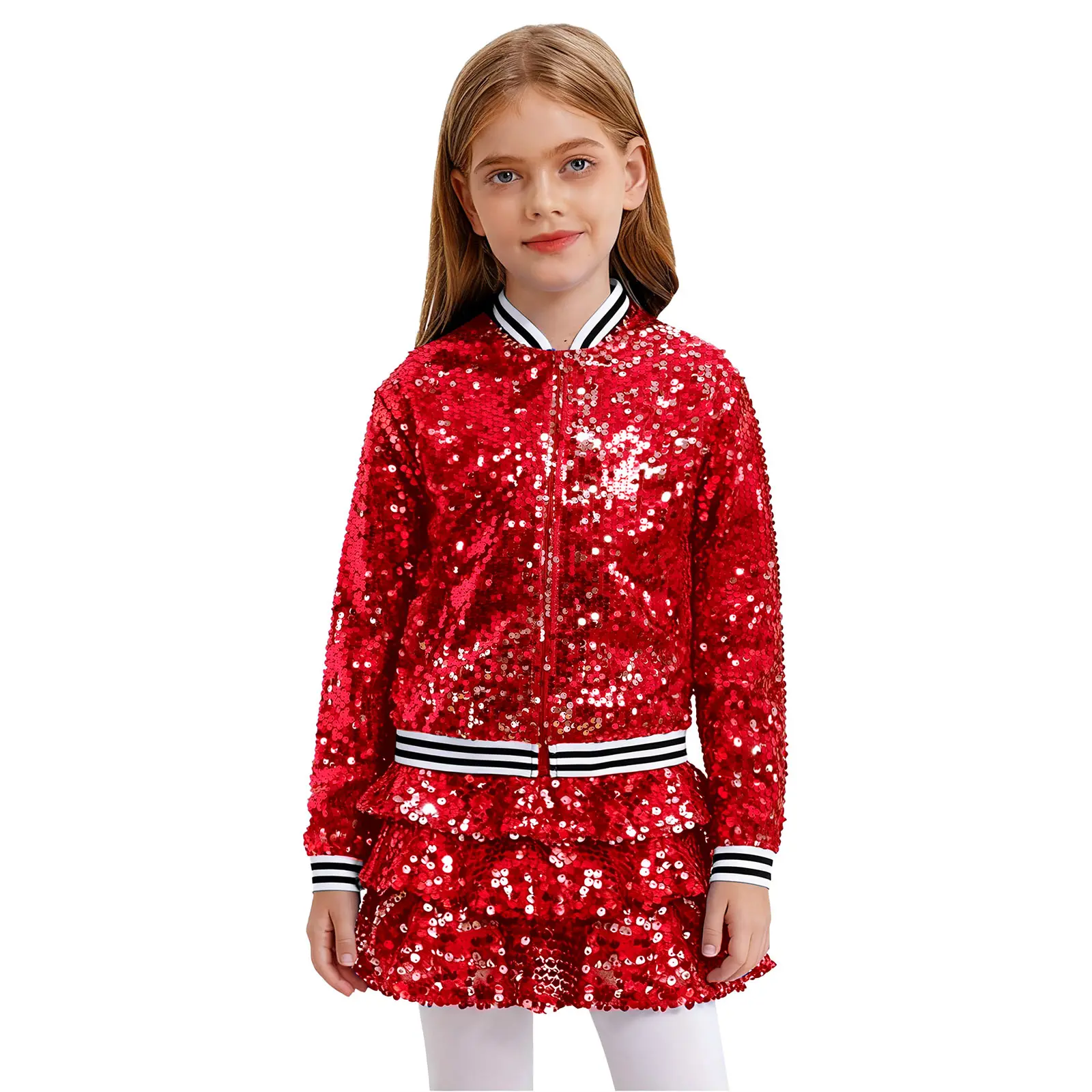 Kids Girls Clothes Sets Glittery Jazz Dance Costume Sequin Outfits Baseball Jackets Outerwear Tiered Ruffled Skirted Culottes