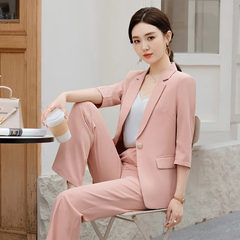 

2024Spring and Summer New Half Sleeve Business Suit Women's Slim Fit Fashionable Suit Wide Leg Pants Beauty Salon Workwear