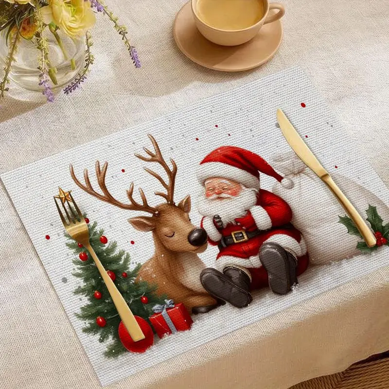 VIKAMA Christmas Placemat Santa Reindeer Cuddle Scene Linen Table Mat for Dining Kitchen Table Setting Decor