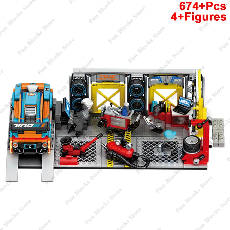 New City Speed Sport Racing Car Workshop Building Blocks Repair Shop Model MOC Assemble Figure Bricks Vehicle Toys for Kids Gift