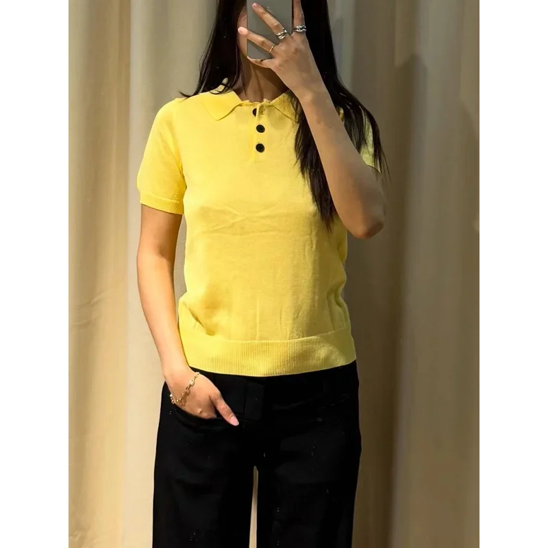 

Women's Solid Color Lapel Knitted Sweater Casual Commuting Fashion Short-Sleeved Top Ribbed Design Summer Holiday Top