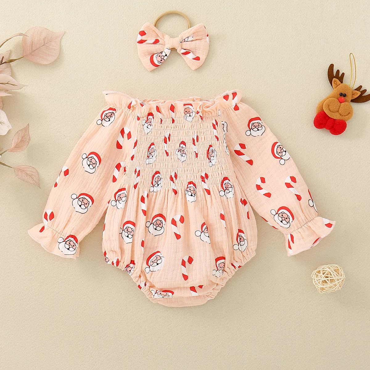 Spring and Autumn Season Baby Girl Long-Sleeved Triangular Bodysuit with Santa Claus Embroidery and Bow Headpiece