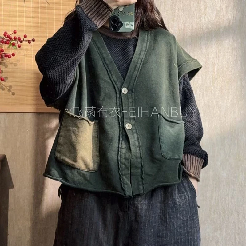 Autumn/winter 2026 New Arrival All-matched Vintage Women Outerwear & Coats Casual V-neck Single Breasted Cotton Vest F69