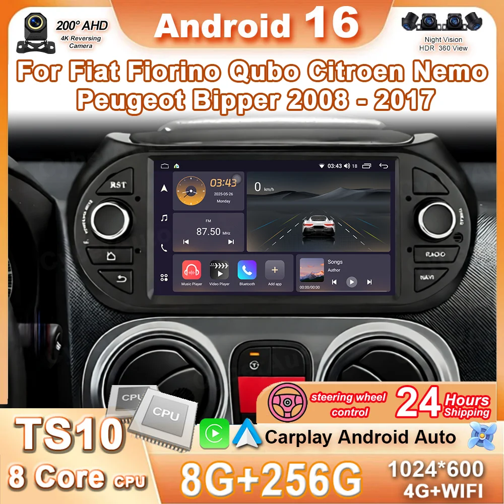 Android 16 Auto Car Radio Multimedia Video Player CarPlay For Fiat Fiorino Qubo Citroen Nemo Peugeot Bipper 2008-2017 GPS tools