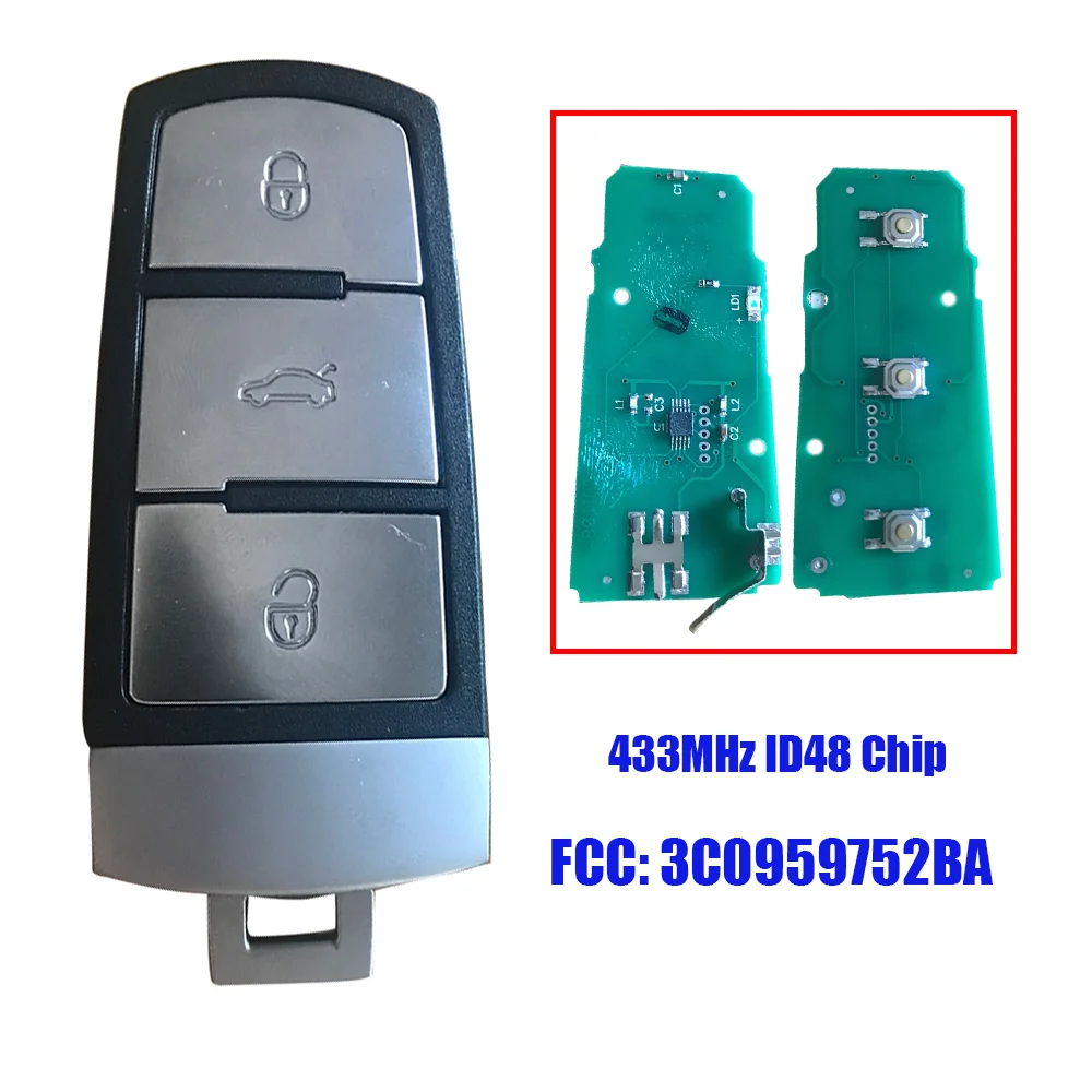 3 Buttons Half Smart/Keyless go Remote Car Key Fob 3C0959752BA/BG 433Mhz ID46/48 Chip For VW Passat Magotan CC