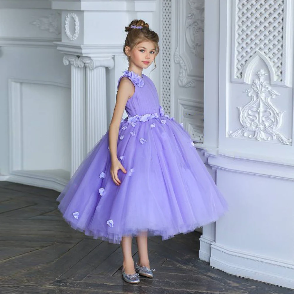 Yipeisha Lilac Flower Girl Dress Kids Party Dresses for Chrismas Jewel Neck Sleeveless 3D Flowers Soft Tulle A Line Tutu Gown