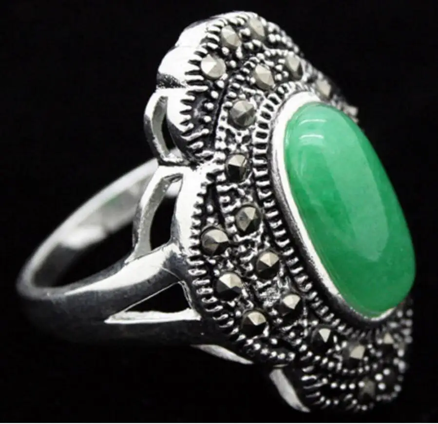 24*16mm VINTAGE NATURAL FREEN Natural jade MARCASITE 925 A RING SIZE 7/8/9/10