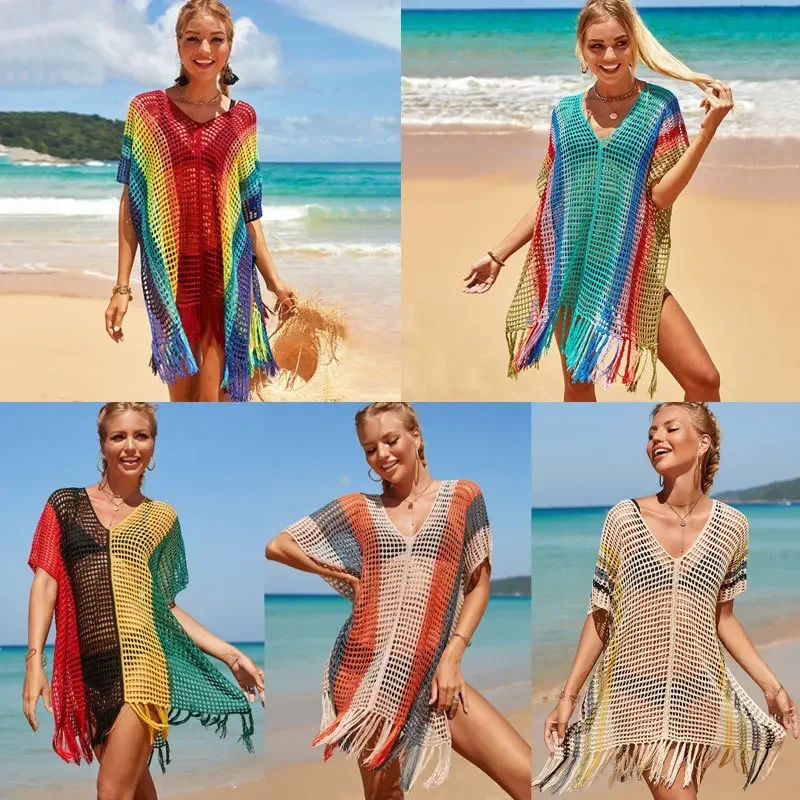 New Rainbow Crochet Hollow Out Bikinis Swimsuit Cover Ups Women Beachdress Loose Beach Outing Sarong Sun Protection Clothing