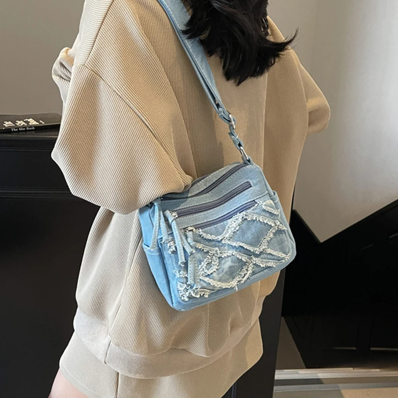 High-End Large Capacity Denim Canvas Slant Crossbody Bag Casual Multi-Layer Shoulder Bag for Young Women in Summer 2025