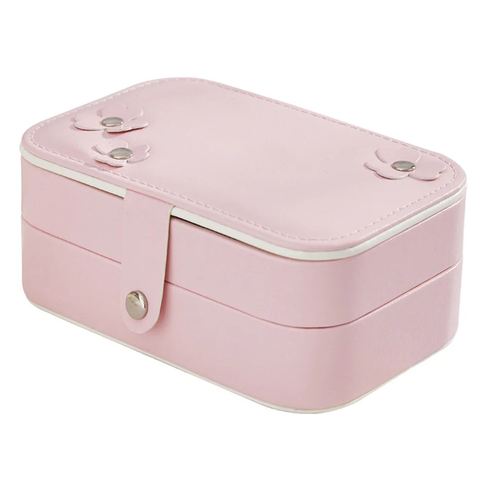 PU Mini Jewelry Box Double Layer Circular Bead Retro Design Portable Jewelry Storage Box for Women Travel Gift Pink