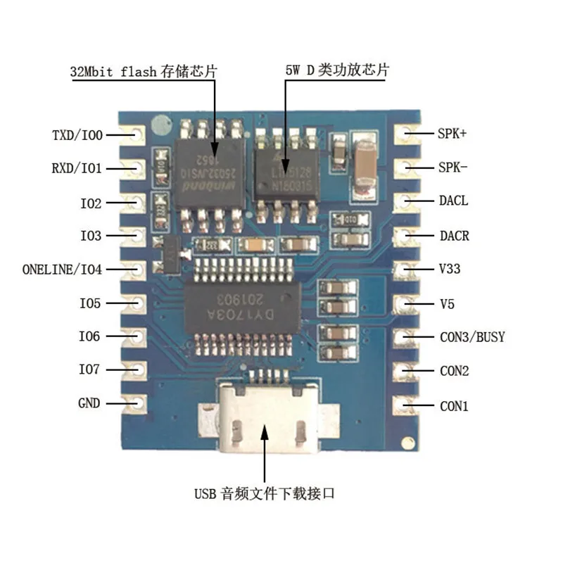 Módulo de reprodução de voz IO Trigger Controle de porta serial USB Download Flash DY-SV17F