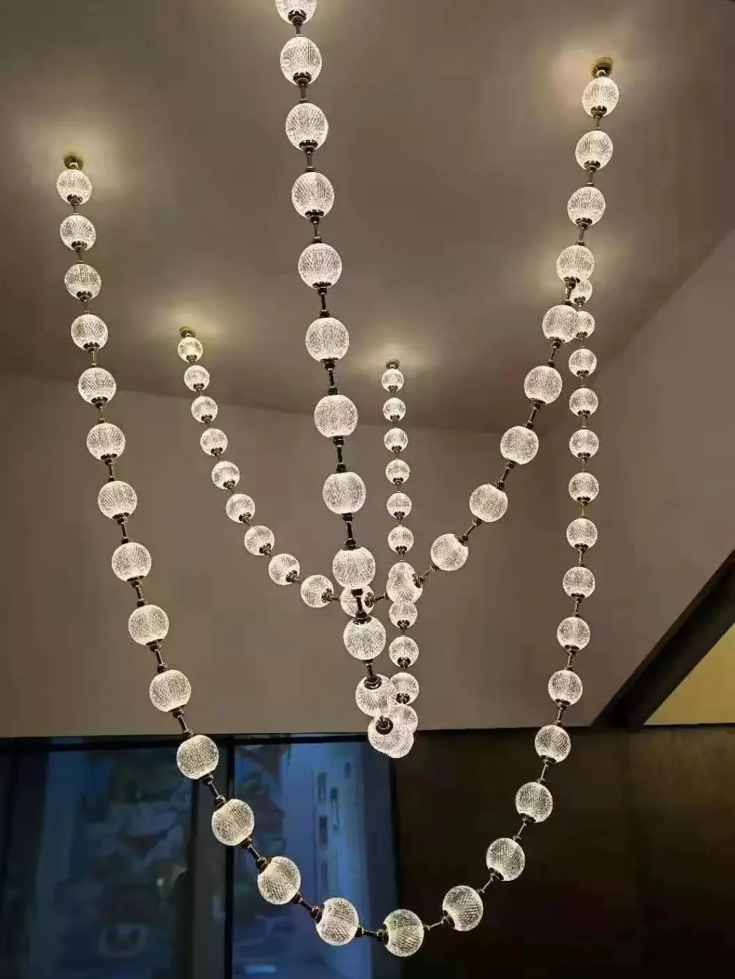Trendy Pearl Necklace LED Pendant Light 6m Staircase Suspension Lamp Home Decorative Lighting Luxury Crystal Chandelier
