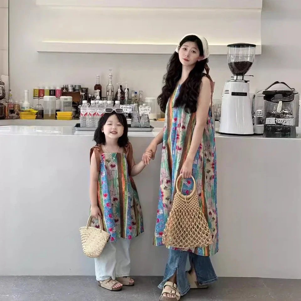 

Vacation Look Mother and Baby Girls Matching Suspenders Dress Holidays Mom and Daughter Resorts Dresses Korean Women Clothing