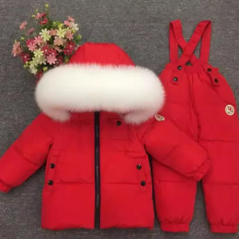 

Русские зимние пуховые пальто с капюшоном для девочек, плотная теплая верхняя одежда с воротником из натурального меха, пуховики для мальчиков-подростков, комплекты зимнего комбинезона A4762