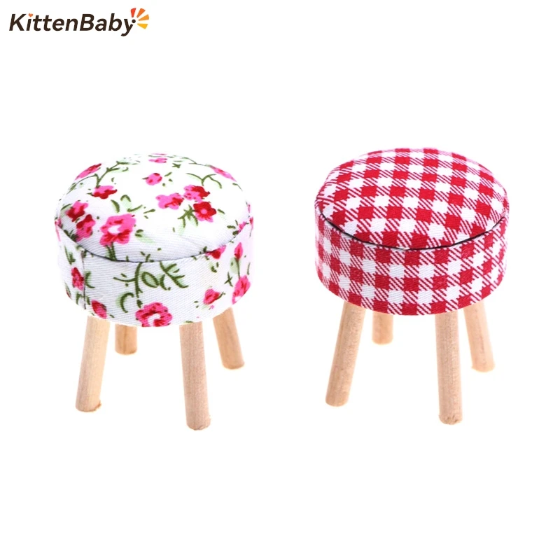 1Pcs Round Floral Stool Chair for Dolls House Decor Kids Children Pretend Play Toy 1/12 Scale Dollhouse Miniature Furniture