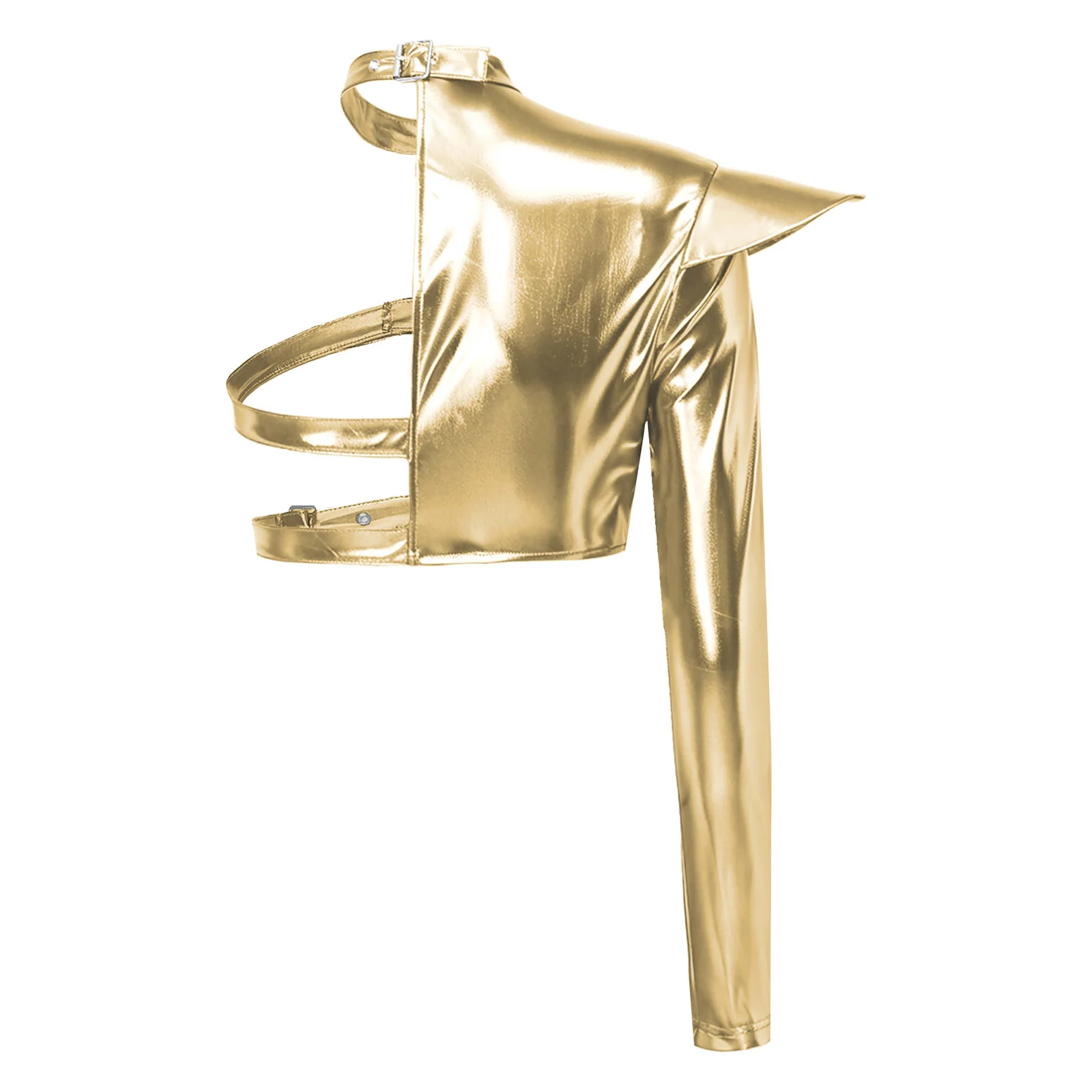 Mens Metallic Shiny One Shoulder Crop Top Long Sleeve Structured Epaulet Adjustable Buckles Asymmetrical Top for Clubwear Party