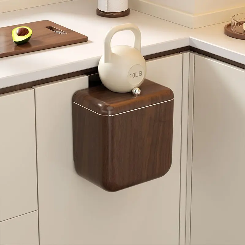 Wood grain kitchen trash can, household hanging type, no bending, large capacity bathroom, toilet, antique style with lid