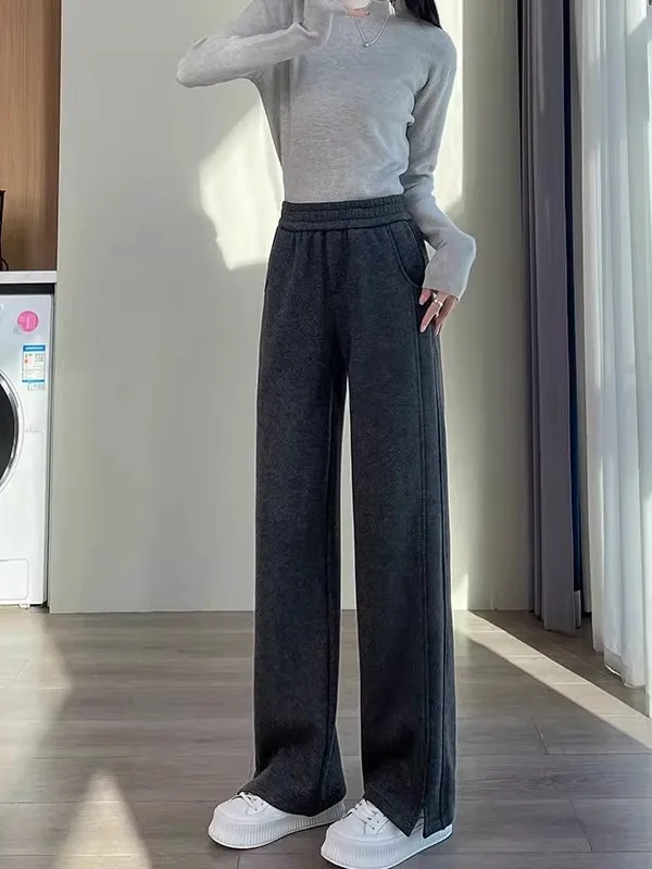 Woolen Wide Leg Pants Women's Spring Autumn Slim Version Draping Plaid High Waist Winter Fleece Thickened Straight Casual Lon...