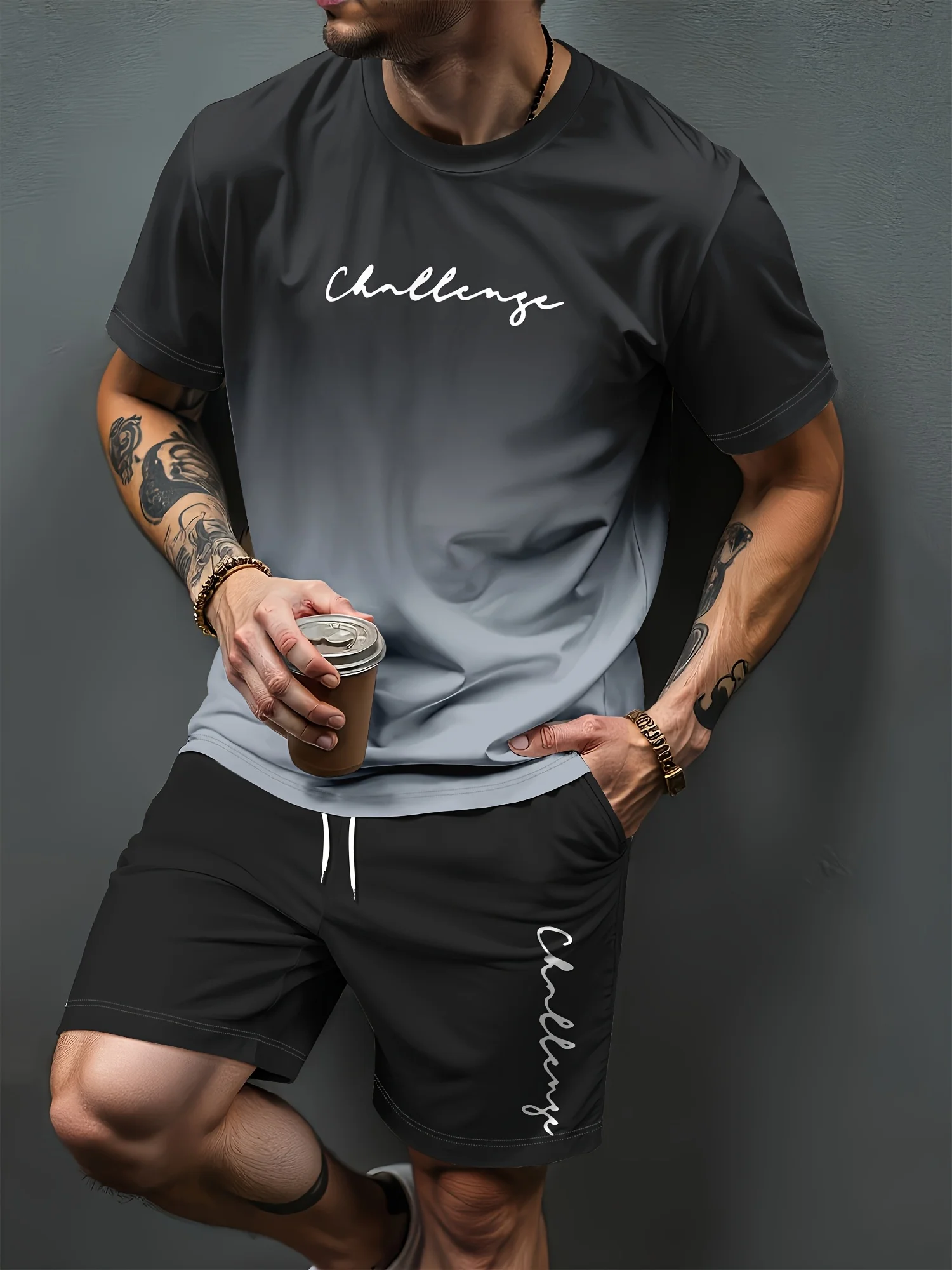 Mens Summer Casual 3D Printed T-Shirt and Shorts Set Gradient Letter Pattern Sporty Two-Piece Set Urban Fashion Casual Trend Set