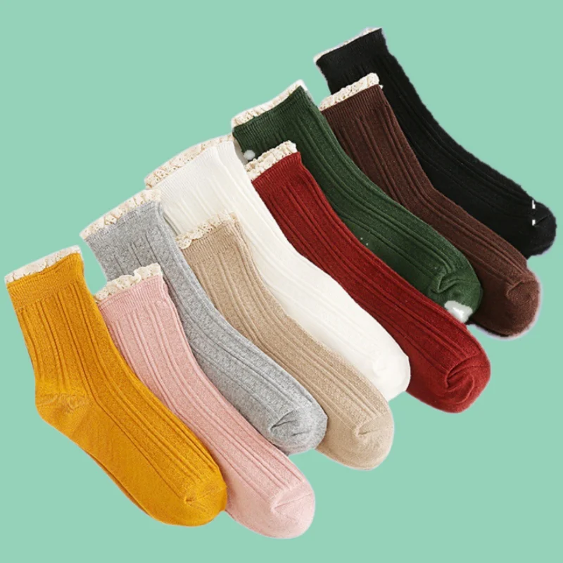 3/6 Pairs 2024 New Fashion Women's Mid-Tube Lace Socks All-match Student Trend College Style Stacked Socks Personalized Socks