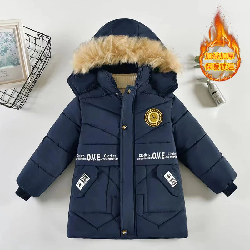 Winter Boy\'s New Letter Pocket with Thick Velvet Windproof and Warm Hooded Fur Collar Fashionable and Handsome Cotton Jacket
