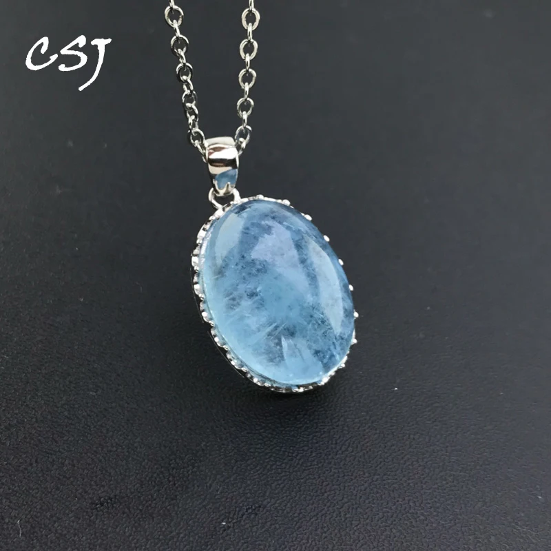 

CSJ 15Ct Natural Aquamarine Pendant Sterling 925 Silver Necklace Gemstone Oval 13*18mm for Women Birthday Party Jewelry Gift