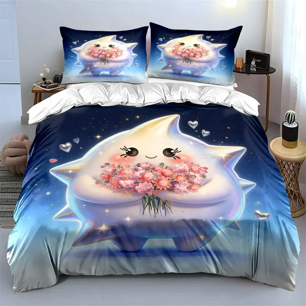 3Pcs Kawaii Star Bedding Set, Cute Star Character Holding Pink Flowers Print Duvet Cover + 2 Pillowcases, Magical Kids Decor